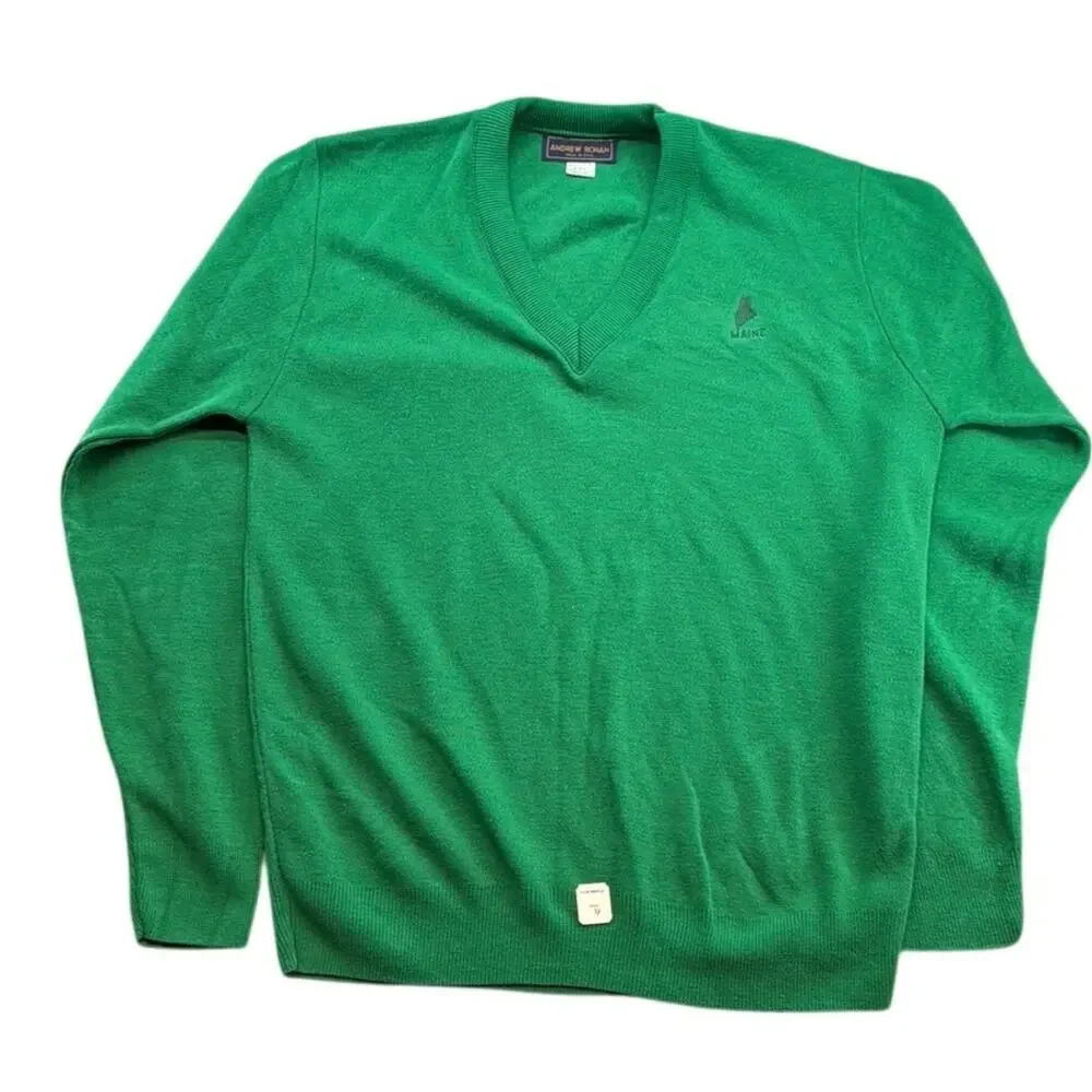Vintage Andrew Rohan Men's Emerald Green V Neck‎ "Maine" Sweater Size Medium (M)